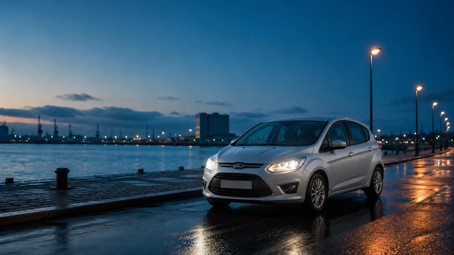 Sudrabots Ford C-Max Ventspils ostmalā vakara gaismā